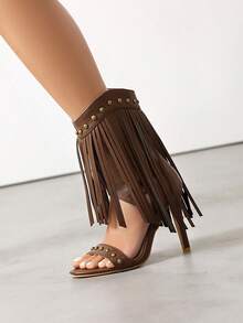 波西米亚风性感高跟侧拉链铆钉流苏短靴女式夏季复古 V 型剪裁细趾环凉鞋 - 棕色 - 查看 4
