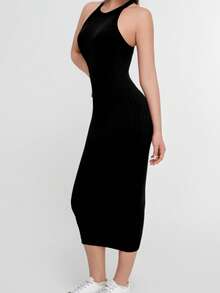 Vestido ajustado de color liso con tirantes de longitud media para mujer - Negro - Ver 2