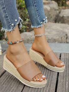 Women's Straw Wedge Rope Open Toe Slippers, Thick Sole Elevated Platform Sandals For Summer Outdoor Wear - Brown - View 3