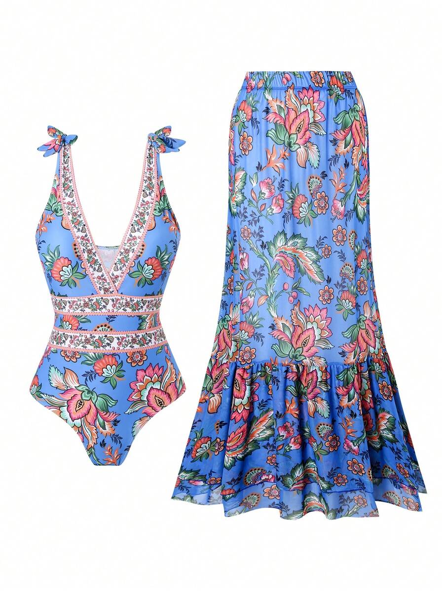 Allurini Fashion Sexy Wrap-Skirt Bikini One-Piece Swimsuit With Tummy Covered For Women, European And American Style Beach Cover Up Elegant - Multicolor - View 1