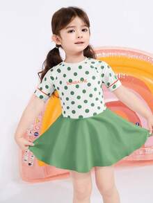 Balabala Girls' One-Piece Swimsuit, UV Protection, Stretchy & Printed - White Green Tone - View 3