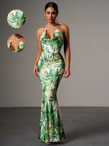 Persoshow 十字交叉印花波西米亚风连衣裙，女士夏装，度假装，婚礼宾客礼服，适合婚礼、毕业季