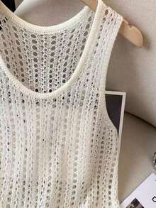 女士夏季度假沙滩装，U 领钩针针织无袖背心，侧开衩，中长款波西米亚风罩衫 - 杏色 - 查看 4