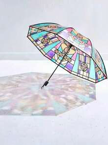 1pc Vintage Window Glass Transparent Foldable Umbrella, Waterproof & Decorative Rain Umbrella