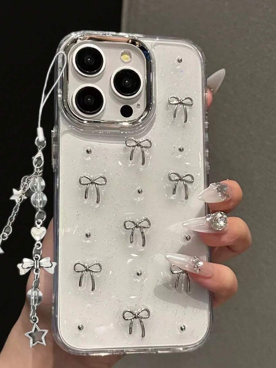 Girly Metal 3D Bow Phone Case Compatible With IPhone 15 Pro Max/14 Pro/11/12 Pro/13 Pro Max,Anti-Knock Protective Cover, Unique Design Waterproof Shockproof Anti-Fall Scratch Resistant - Clear - View 1