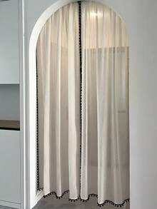 1件装优质亚麻薄纱窗帘，复古风格装饰隔断帘，带绒球花边 - 彩色 - 查看 3