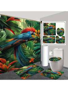 1 件/4 件套森林鹦鹉浴帘，带防滑垫、马桶盖、浴室垫和 12 个塑料挂钩 - 可机洗，耐污涤纶浴室装饰，适合所有季节 - 自然主题沐浴配件套装 - 彩色 - 查看 3