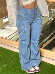 Y2K Cargo Jeans For Women High Waisted Baggy Loose Fit Streetwear Denim Pants With Pockets Comfortable Retro Fashion Casual Wide Leg Trousers - 淺色水洗藍 - 查看 2