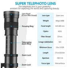 420-800mm F/8.3-16 Telephoto Lens (Manual Zoom), Suitable For Canon And Nikon SLR Cameras, T-Mount, Can Be Used With A Variety Of Camera Models Using Other Models Of Adapter Rings