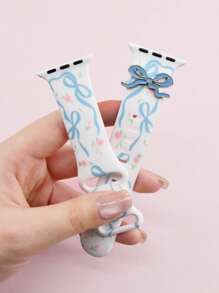 1PC Blue Bow Style Silicone Smart Watch Band Compatible With Apple Watch Band Women 49/46/45/44/42/41/40/38mm,Stylish Printed Strap With Bow Charms Dressy Wristband For Watch Bands Compatible With Apple Series 10 Ultra 2 9 8 7 6 5 4 3 2 SE Compatible With Apple Watch Accessories