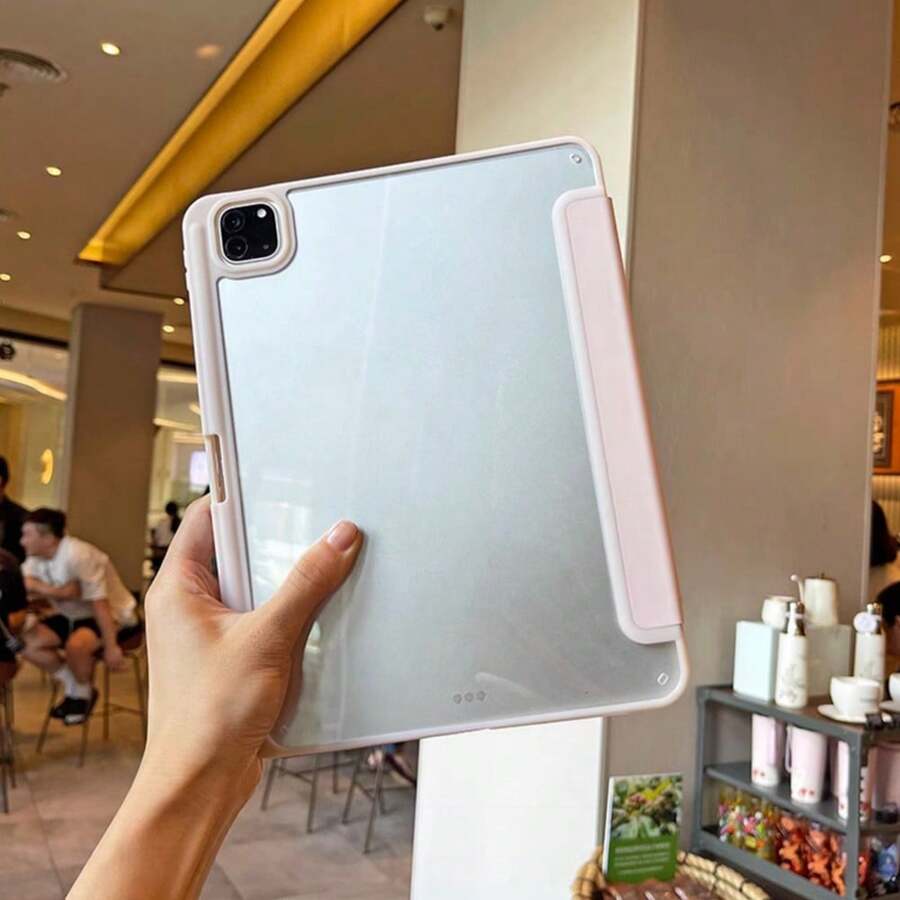 1 件优雅纯粉色亚克力透明水晶后盖保护套，防震，支持睡眠/唤醒，兼容 iPad 等平板电脑