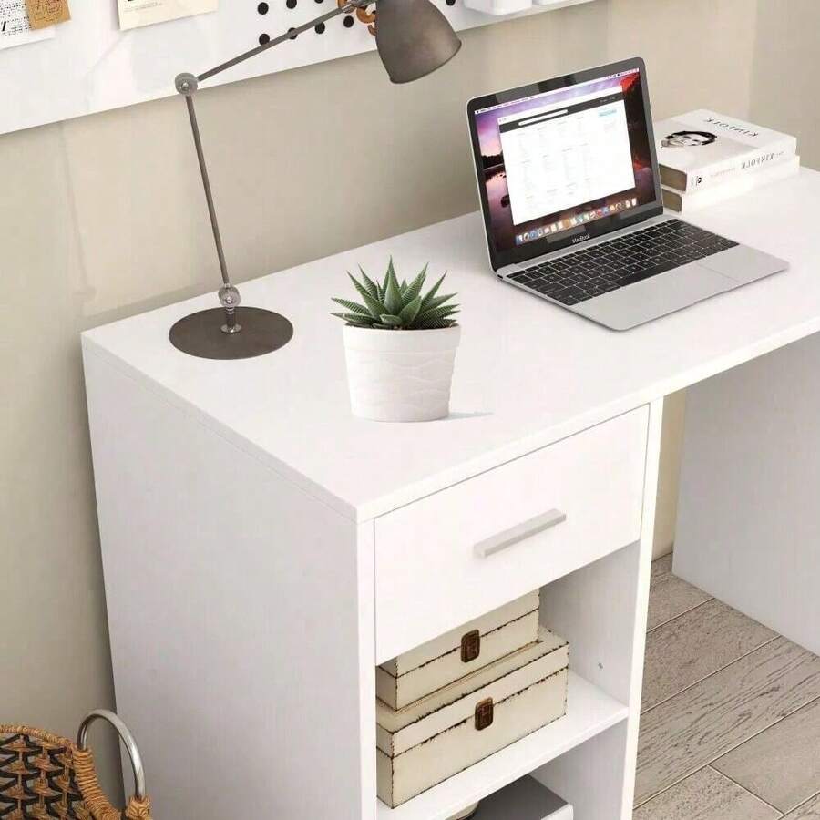 100cm Computer Desk Study Writing Table PC Laptop Desk With Drawer 2 Shelves - White - View 1