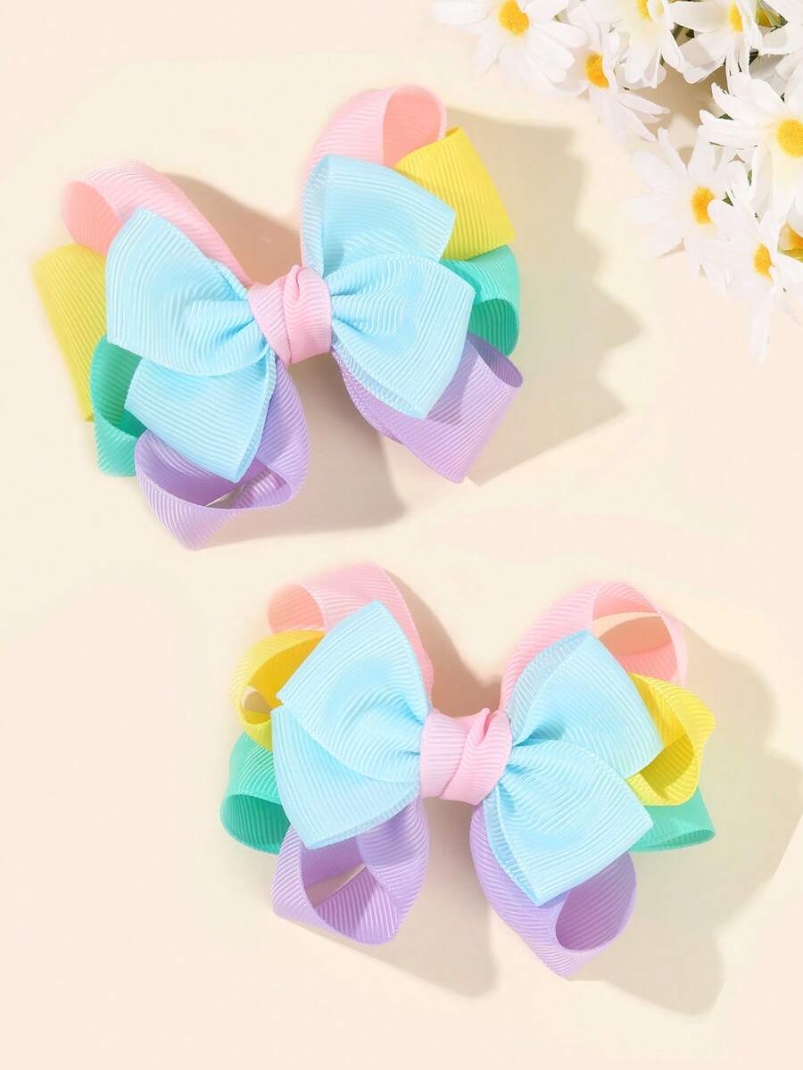 2 件装女童柔和发饰彩色罗缎蝴蝶结鳄鱼夹精致发夹幼儿女孩辫子蝴蝶结发夹儿童发饰