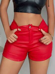 Rave High Waist Stretchy Slant Pocket PU Leather Skinny Club Mini Shorts Music Festival - Red - View 3