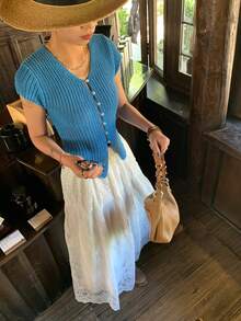 JustMiss 珍珠鈕扣短袖針織開襟衫 女款春夏新款 V領修身優雅上衣 - 藍色 - 查看 5