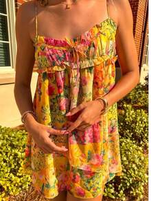 Womens Floral Mini Dress Spaghetti Strap Sleeveless Tie Back Ruffle Sundress Summer Tiered A-Line Midi Dress - 紅色 - 查看 4