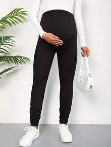 Maternity Black Slim Cargo Pants With Abdominal Support Design, High Stretch Knit Fabric, Elastic Waist, Ruffle Ankle Hem Decor, Comfortable For Daily Work, Casual And Home Wear Spring - Black - View 4