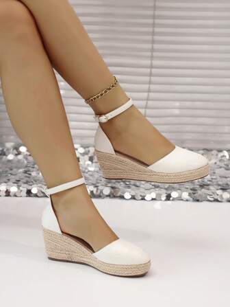 Sandalias de cuña de tacón alto tipo alpargata para mujer, con diseño de punta redonda y tobillera hueca de moda