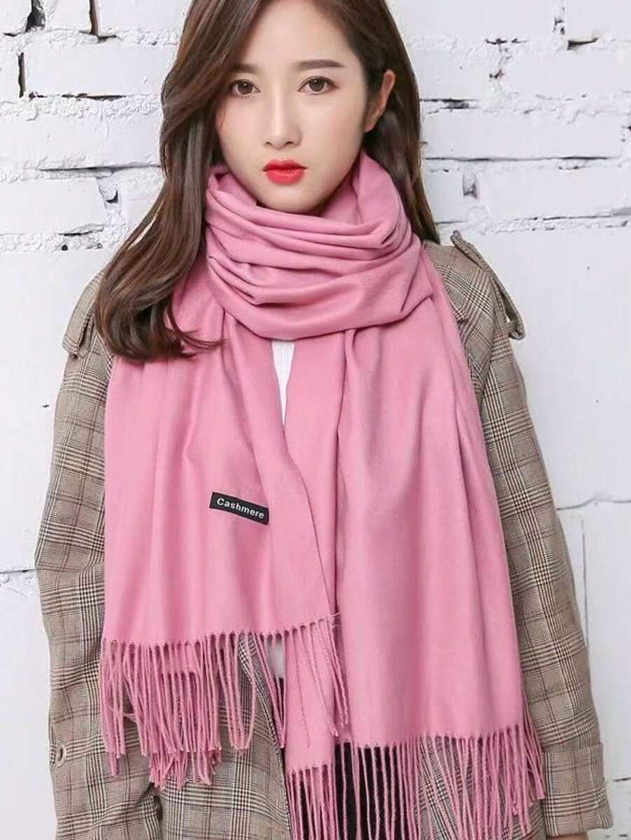 230g Plain Polyester Pashmina Scarf With Fringes Gifts Hot - 粉色 - 查看 1
