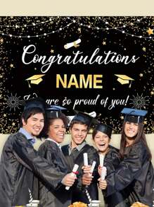 1pc Personalized Black And Gold 2025 With Customizable Name Graduation Party Special Customized Name Banner, Durable Fabric For Photography Background, Congratulations Graduation Banner, Graduation Party Decoration Photo Booth Props, Graduation Poster, Ceremony, Prom, No Electricity Required, Three Sizes Available