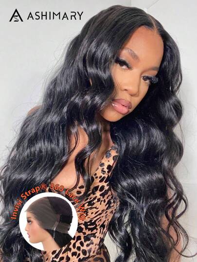 Ashimary Ashimary Hair Invisi Strap Snug Fit 360 Glueless Wig Body Wave Transparent Lace Frontal Wig Bleached Knots Pre-Cut Lace Natural Black Color Hair 100% Human Hair Pre-Plucked Wig For Women