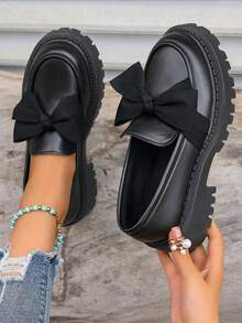 Elegante schwarze Schleifenloafer für Damen - vielseitige Slip-On Überschuhe mit dicker Sohle, bequeme Rundkappen-Lässig-Flats für alle Jahreszeiten, leichte Arbeits- und Studentenschuhe, Damenschuhe