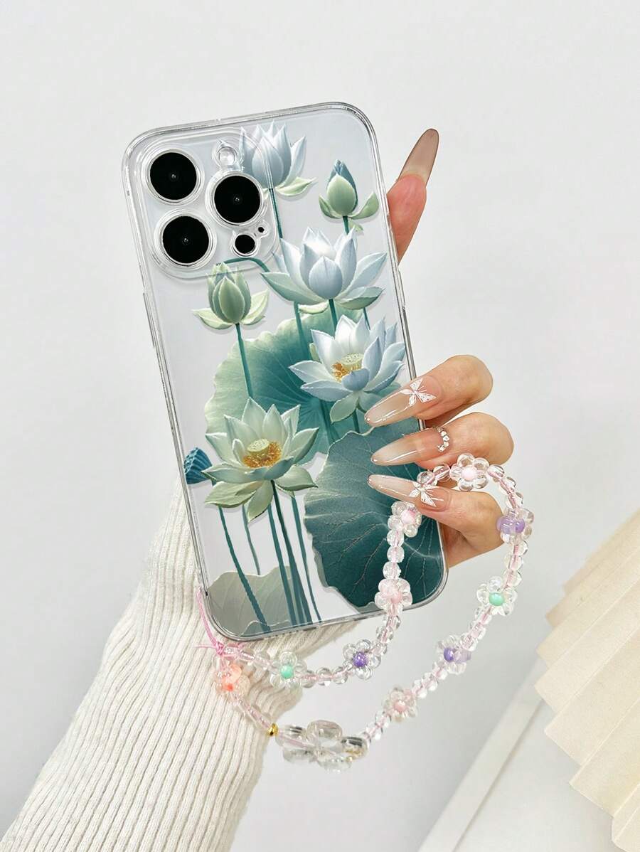 Flower Phone Case 1pc Transparent Lotus Flower Painted Thickened Shockproof Phone Case Cover With Handmade Beaded Flower Bracelet Accessories, Compatible With IPhone 16/11/16pro/16plus/16promax/16e/15Promax/13/14/12/XS/XR/7G/8P, Compatible With Samsung Galaxy 11/12Pro/12/12X/13Pro/14Pro/15Pro/, Compatible With Redmi 10/9/Note9/12c/Note11pro/Note8Pro