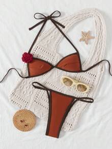 2pcs Sexy Micro Bikini Set, Halter Flower Accent Top And Adjustable High Cut Triangle Bottoms - Multicolor - View 2