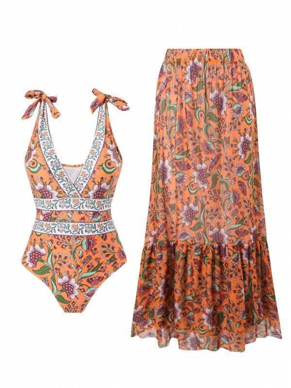 Modischer sexy Einteiler Bikini Badeanzug mit Sarong Set für Damen, Büste anhebend & Bauch abdeckend, Europäischer & Amerikanischer Strand/Urlaubs Stil
