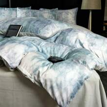 4 pièces Set de literie en coton lavé imprimé numériquement, motif jacquard, style luxueux (1 pièce housse de couette imprimée, 1 pièce drap plat de couleur unie, 2 taies d'oreiller imprimées), motif minimaliste, convient pour lit Queen/Twin/Full, doux, respirant, réversible, pour toutes les saisons, lavable en machine