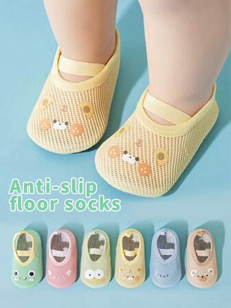 1 par de calcetines de interior antideslizantes para bebés con estampa de dibujos animados de animales, zapatos de caminar para niños pequeños con suela blanda, calcetines de tobillo extra cortos, aptos para niños y niñas, de material tejido apto para todas las estaciones, lavar a mano/limpiar en seco - adecuado para uso diario casual