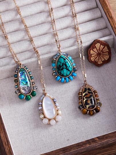 1pc Vintage Alloy Resin Beaded Long Necklace, Elegant Fashion Long Necklace For Daily Wear