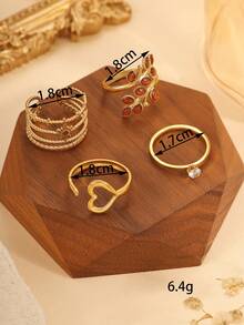4pcs Stainless Steel Gold-Color Green Leaf & Heart Gemstone Rings Set, Suitable For Daily Wear Or Holiday Gift - Yellow Gold - View 3