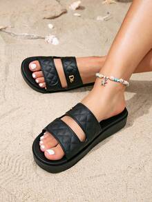 Sandalias negras de moda para mujer con suela gruesa para aumentar la altura, cómodas para vacaciones y la playa - Negro - Ver 5