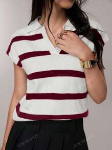 VOOR SCHOONHEID Lente en zomer Nieuwe stijl Revers Retro Gestreepte Kleurblok Mouwloze Gebreide Trui voor Vrouwen, Zakelijke Casual Losse Casual Pullover Top Voor Woon-werkverkeer Zomer Tops Terug naar school