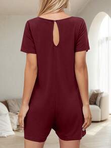 tooluck Women's Summer Casual Rompers Short Sleeve V Neck Loose Fit Jumpsuit 2025 One Piece Jumps - Burgundy - View 3