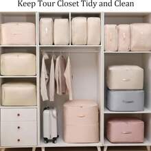 Ultra Space Saving Self Compression Organizer Extra Large Jumbo Zippered Storage Bag For Closet King Comforter, Pillow, Quilt, Bedding, Clothes, Blanket Organizers Carry Handles Can Be Compressed Storage And Organization Moving Bags Pink/Beige/Blue Bag For School School Accessories School Stuff