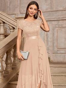 MIUSOL Đầm dạ hội maxi tay ngắn xếp tầng bằng chiffon đính sequin và ren hoa phối màu tương phản, kiểu dáng thanh lịch mùa hè. - Rượu sâm banh - Xem 9