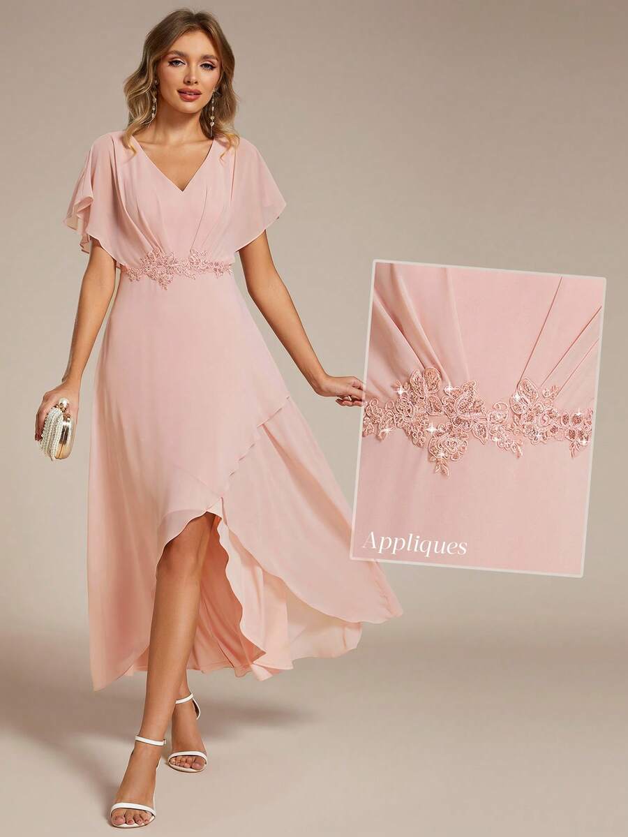EVERPRETTY V-Neck Batwing Sleeve Split Pink Mother Of The Bride Formal Dress, Elegant Dress For Wedding - Pink - View 1