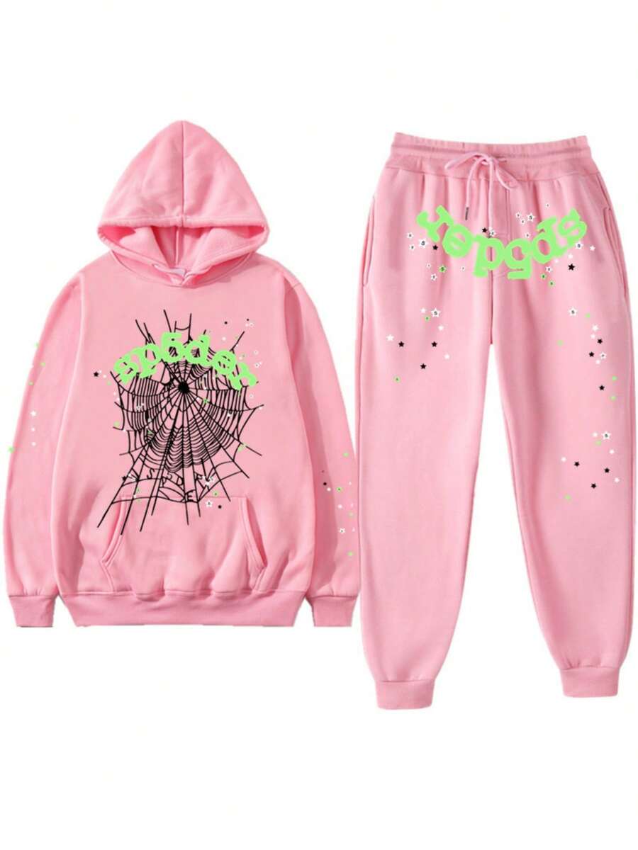 Hip Hop Spider Hoodie Set Y2k Hoodie Sports Set Hoodie Pullover Men's And Women's Hoodie Street Set 2-Piece Set - Pink and green fonts - View 1