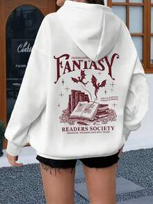 Women's Cozy Fantasy-Themed Hoodie With Book And Bat Design | Casual Long-Sleeve, Pocket Thermal Lined Pullover | "Fantasy Readers Association" Graphic | Perfect For Fall/Winter, Women's Top,|Going Out Tops Women,Going Out Outfits,Teacher Outfits For Women,Back To School,School Clothes,Back To School Clothes,Halloween Clothes - White - View 6