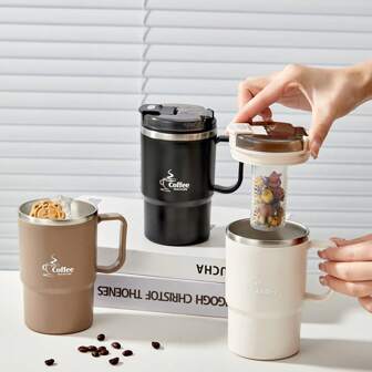 1pc 450/500ml 304 Stainless Steel Coffee Mug With Tea Strainer & Folding Spoon, Double Layer Thermal Insulated Milk Tea Coffee Water Cup With Handle, Anti Scalding Drinking Cup, Sealed Leak Proof Drinkware For Hot & Cold Water, Suitable For Student And Adult Use In Home, School, Office, Outdoor Camping, Picnic, Travel, Back To School
