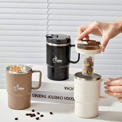 1 件 450/500ml 304 不锈钢咖啡杯，带茶滤和折叠勺，双层隔热奶茶咖啡水杯带手柄，防烫饮水杯，密封防漏冷热水饮水器，适合学生和成人在家、学校、办公室、户外露营、野餐、旅行、返校使用