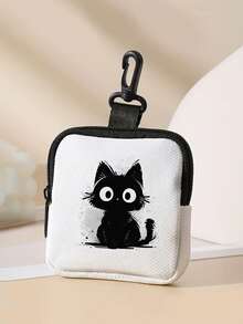 1pc White Background Black Cat Print Data Cable, Charger, Coin Purse & Earphone Storage Bag - Waterproof Zipper Pouch, Multi-Function Mini Storage Case Cable Organizer - Black and White - View 1