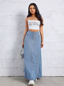 时尚单排扣水洗浅蓝色A字牛仔裙，复古优雅喇叭长裙，适合春夏穿着 - 淺色水洗藍 - 查看 8