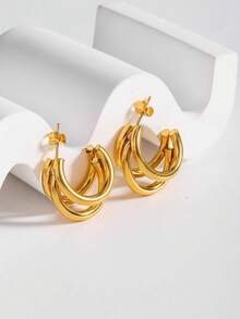 A Pair Of 18k Gold Jewelry Three-Layer Stud Earrings, Elegant Stainless Steel Geometric-Shaped Luxury Earrings For Women, Suitable For Everyday Wear, Parties, And As A Jewelry Gift. - Yellow Gold - View 4