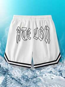 男士字母条纹弹力腰带抽绳短裤，篮球、健身运动服，男士运动短裤，健身短裤，抽绳腰带，篮球短裤，弹力轻便运动裤，适合篮球、棒球、锻炼、跑步、训练、健身、运动、户外活动，父亲节礼物