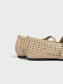 女士芭蕾舞鞋，透气镂空圆头玛丽珍鞋，米色 - 奶茶色 - 查看 4