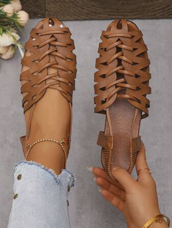 Women's Vintage Style Woven Hollow Closed Toe Chunky Heeled Sandals, Versatile Summer/Spring/Fall Retro Roman Shoes