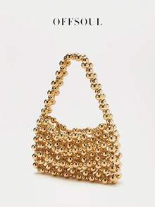 European Retro Handmade Acrylic Metal Beaded Hollow Square Clutch Bag, Versatile Purse Pouch, Fits Cellphone, Ideal For Party, Wedding, Evening Dress - Gold - View 5